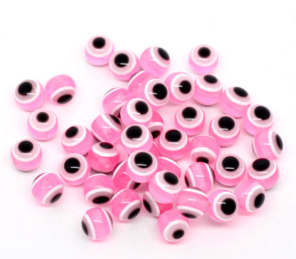 100 PINK Evil Eye Stripe Round Resin Spacer Beads 10mm, bac0339