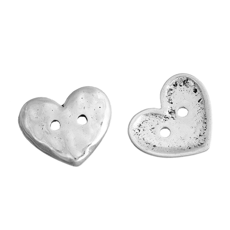 10 Silver HEART Buttons, Hammered Metal, 2 Hole Sew Through Buttons 19x16mm, but0256
