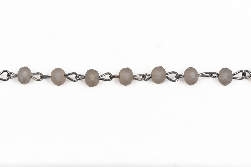 13 feet (4.33 yards) FROSTED GREY Crystal Rondelle Rosary Chain, gunmetal, 6mm faceted rondelle glass beads, fch0484b
