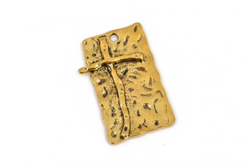 2 Large CROSS Charm Pendants, gold oxidized base with soldered cross, rustic hammered metal, 42x26mm, chg0436