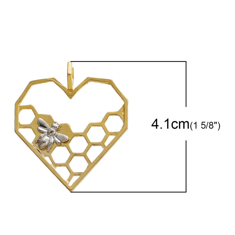 5 QUEEN BEE Heart Honeycomb Charm Pendants, gold plated heart shaped base with silver bee, 41x35mm, chg0441