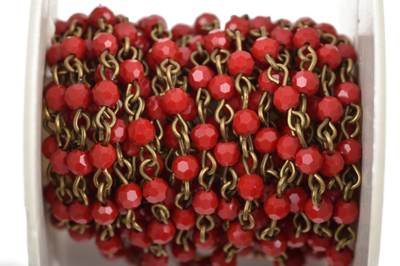 13 feet (4.33 yards) Dark Red Crystal Rosary Chain, bronze, 4mm round faceted crystal beads, fch0487b
