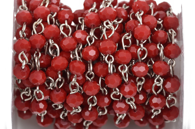 1 yard Dark Red Crystal Rosary Chain, silver, 6mm round faceted crystal beads, fch0488a