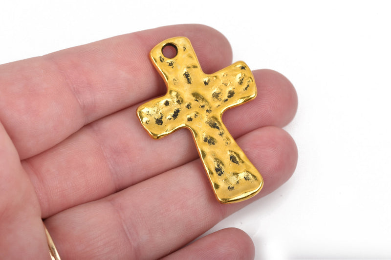 4 Hammered Gold Cross Pendant Charms, oxidized bright gold, large 1-3/4" long chg0445