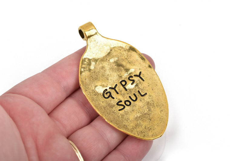 GYPSY SOUL Spoon Bowl Pendant, Gold with stamped letters, hammered metal, 3" long chg0446
