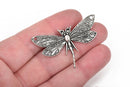 5 DRAGONFLY Silver Charm Pendants, 2-hole necklace connector link, silver oxidized metal, 49x31mm, chs2537