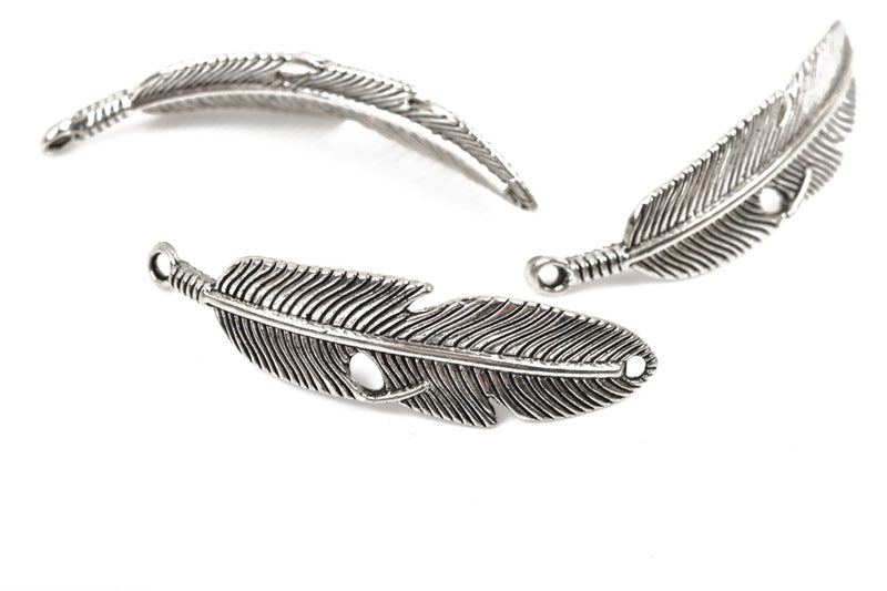 5 FEATHER Bracelet Connector Links, SILVER oxidized metal charms, curved bracelet charms, 57x15mm, 2-1/4" long chs2541