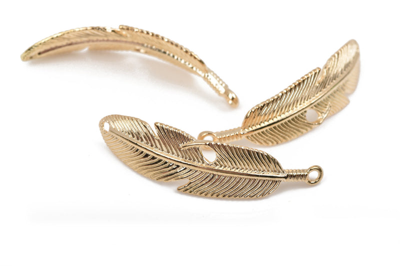 5 FEATHER Bracelet Connector Links, LIGHT Gold metal charms, curved bracelet charms, 57x15mm, 2-1/4" long chg0452