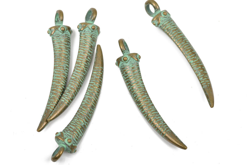 4 Large HORN or CLAW Tusk Charm Pendants, bronze oxidized with green verdigris patina, 60mm long, 2-3/8"  chb0460