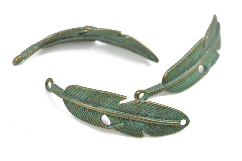 5 FEATHER Bracelet Connector Links, BRONZE oxidized metal charms with green patina, curved bracelet charms, 57x15mm, 2-1/4" long, chb0461