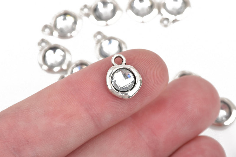 50 Silver Tone Rhinestone Drop Charms, 10mm asymmetrical circle with faceted rhinestone embedded in center, chs2543b