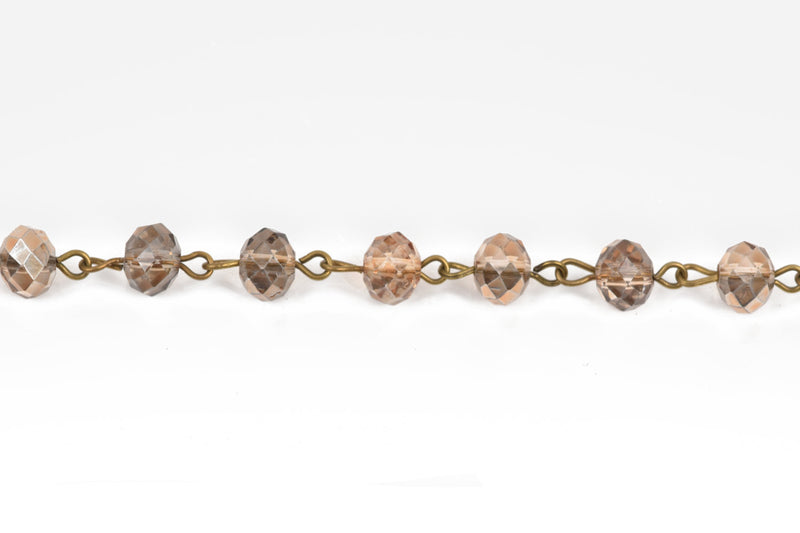 1 yard LIGHT TOPAZ GOLD/Copper Half Plated Crystal Rondelle Rosary Chain, bronze, 8mm faceted rondelle glass beads, fch0490a