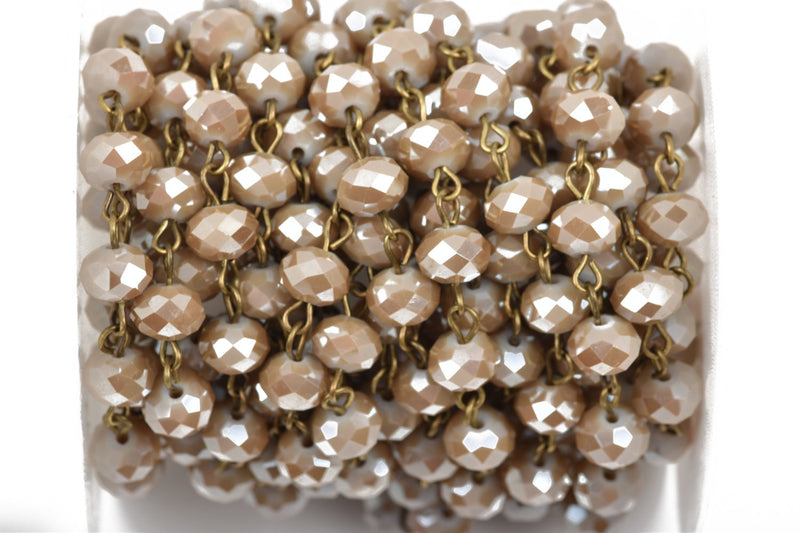 13 ft (4.33 yards) CARAMEL BROWN TAUPE Crystal Rondelle Rosary Chain, bronze, 8mm faceted rondelle glass beads, fch0493b