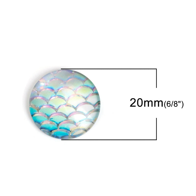 10 MERMAID Fish Scales Glass Dome Cabochons, Iridescent Blue Green, Round Glass Dome Seals Cabochons, 20mm  (about 3/4" diameter) cab0476