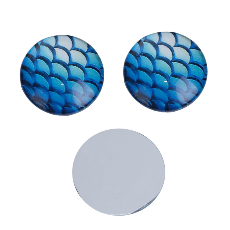 10 MERMAID Fish Scales Glass Dome Cabochons, Turquoise Blue, Round Glass Dome Seals Cabochons, 20mm  (about 3/4" diameter) cab0478