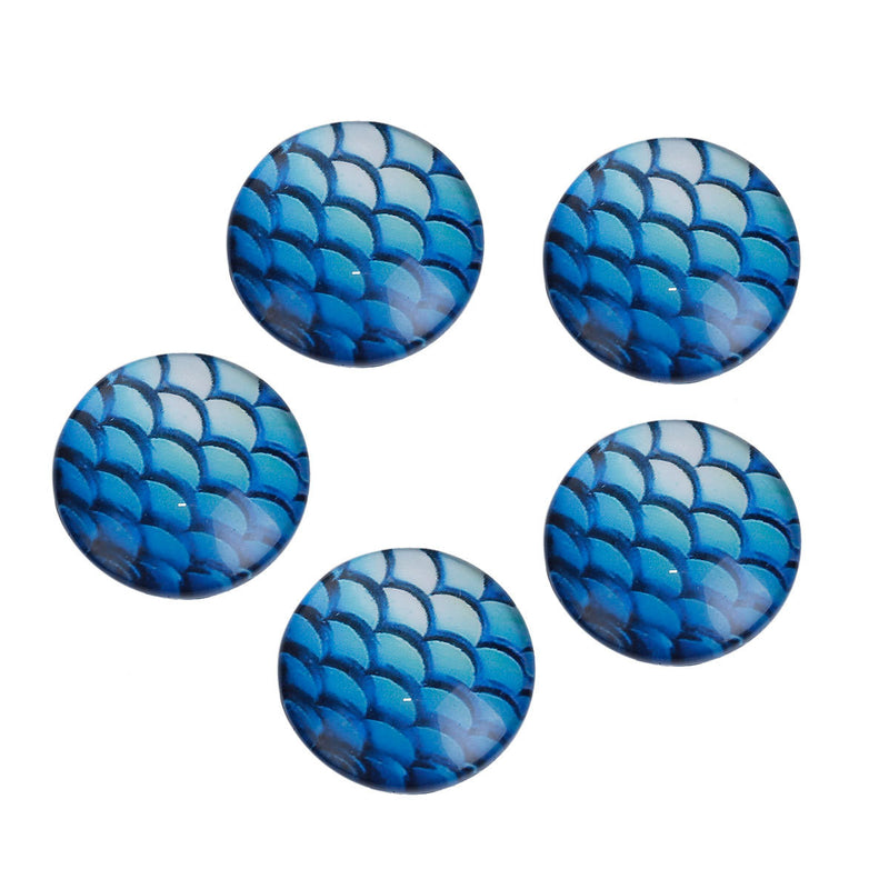 10 MERMAID Fish Scales Glass Dome Cabochons, Turquoise Blue, Round Glass Dome Seals Cabochons, 20mm  (about 3/4" diameter) cab0478