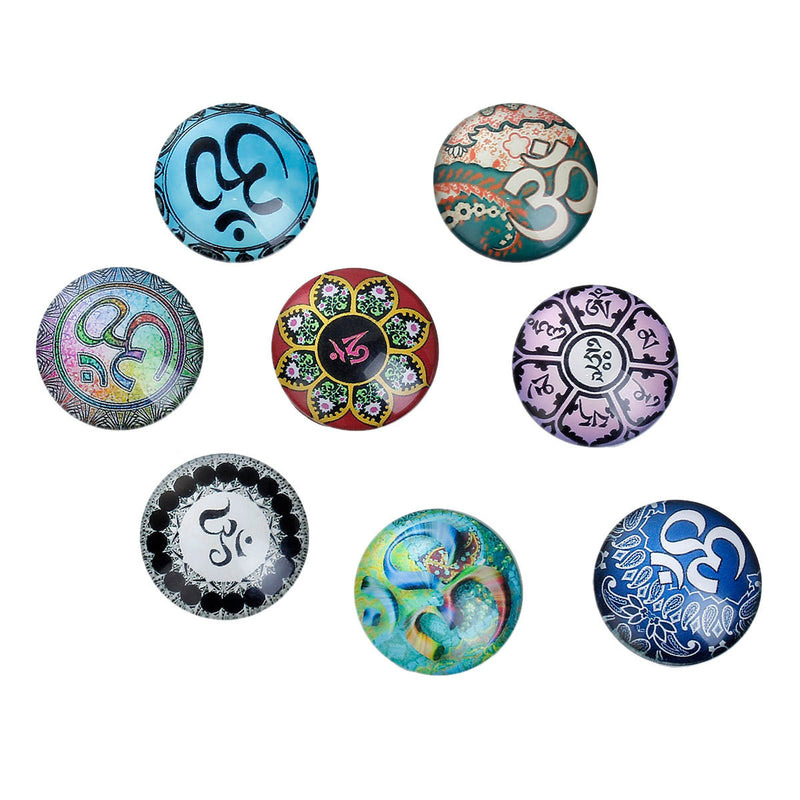 10 CHAKRA OM Meditation Glass Dome Cabochons, Mixed Designs, Round Glass Dome Seals Cabochons, 25mm  (1" diameter) cab0480