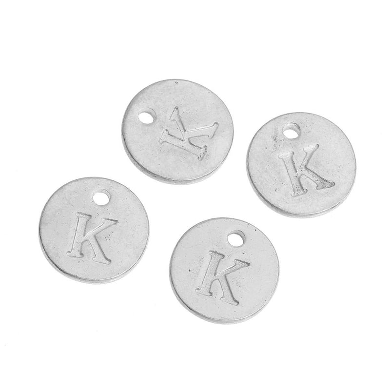 10 Letter K Alphabet Charms Silver Plated Monogram, double sided round disc letter charms, dot charms, 12mm, (1/2") chs2548