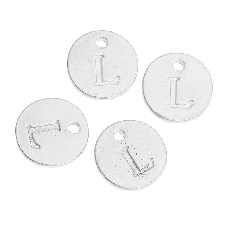 10 Letter L Alphabet Charms Silver Plated Monogram, double sided round disc letter charms, dot charms, 12mm, (1/2") chs2546