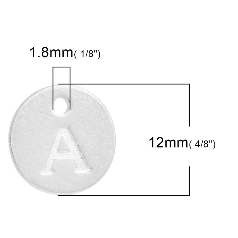 10 Letter A Alphabet Charms Silver Plated Monogram, double sided round disc letter charms, dot charms, 12mm, (1/2") chs2563