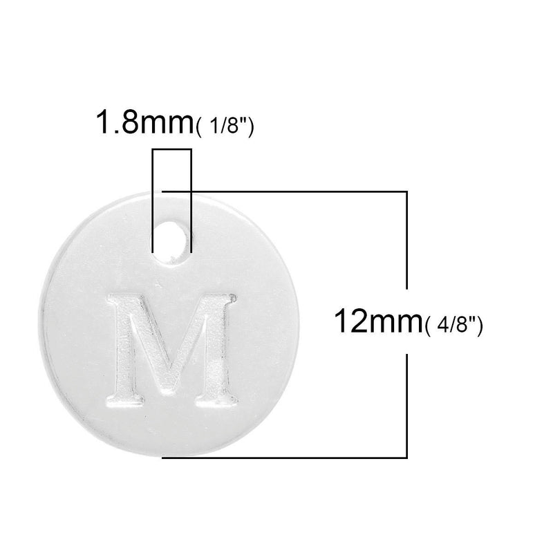 10 Letter M Alphabet Charms Silver Plated Monogram, double sided round disc letter charms, dot charms, 12mm, (1/2") chs2551