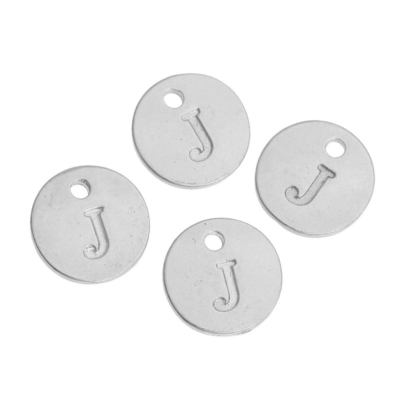 10 Letter J Alphabet Charms Silver Plated Monogram, double sided round disc letter charms, dot charms, 12mm, (1/2") chs2558