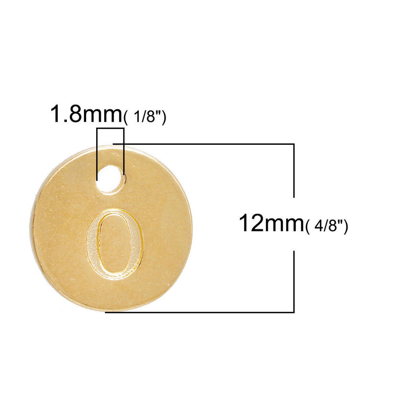 10 Letter O Alphabet Charms Gold Plated Monogram, double sided round disc letter charms, dot charms, 12mm, (1/2") chg0467