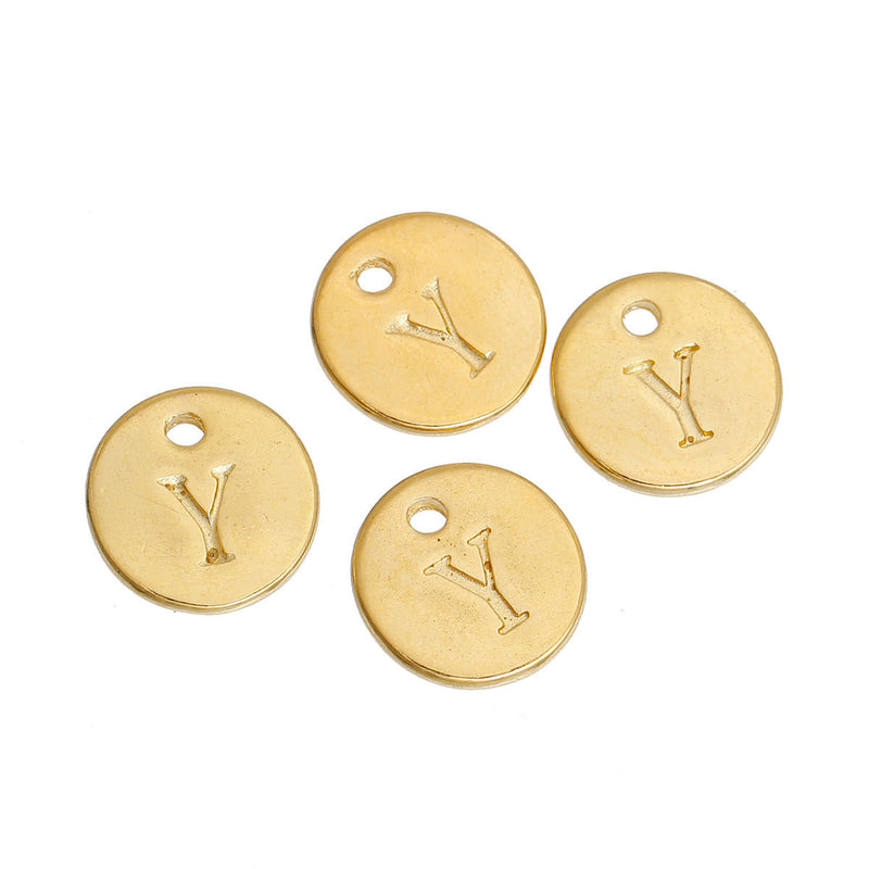 10 Letter Y Alphabet Charms Gold Plated Monogram, double sided round disc letter charms, dot charms, 12mm, (1/2") chg0466
