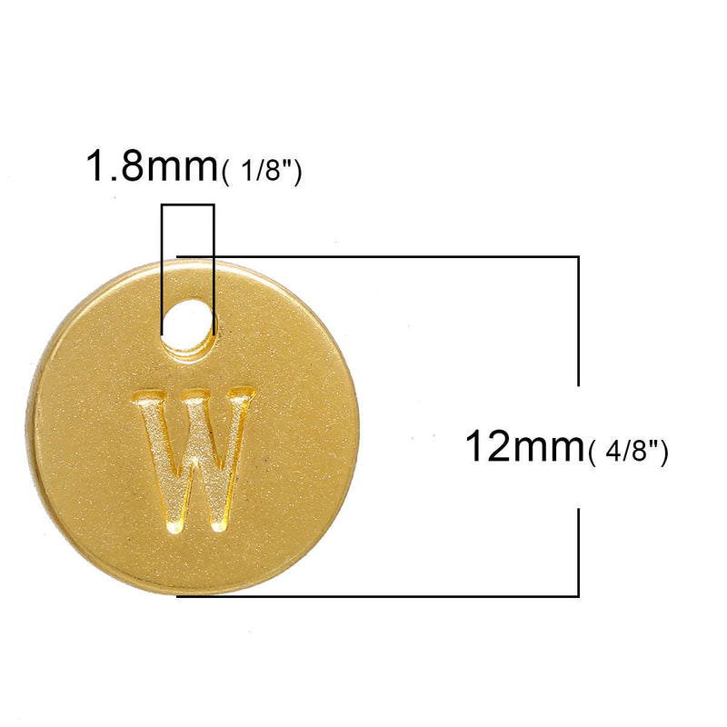 10 Letter W Alphabet Charms Gold Plated Monogram, double sided round disc letter charms, dot charms, 12mm, (1/2") chg0473