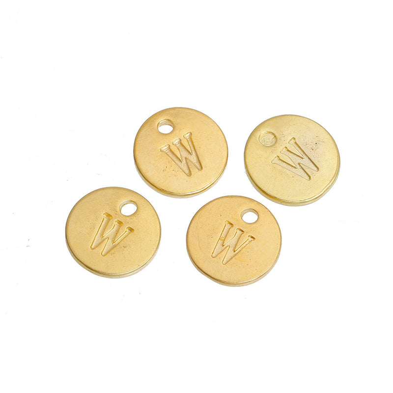 10 Letter W Alphabet Charms Gold Plated Monogram, double sided round disc letter charms, dot charms, 12mm, (1/2") chg0473