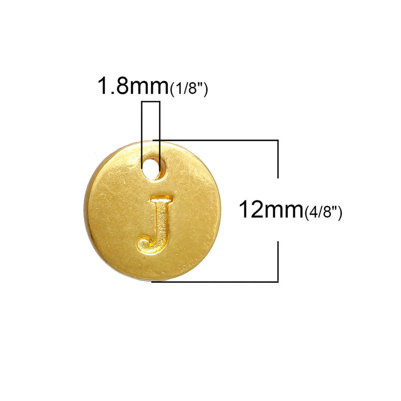 10 Letter J Alphabet Charms Gold Plated Monogram, double sided round disc letter charms, dot charms, 12mm, (1/2") chg0457
