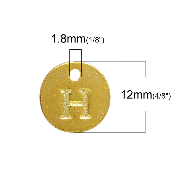 10 Letter H Alphabet Charms Gold Plated Monogram, double sided round disc letter charms, dot charms, 12mm, (1/2") chg0472