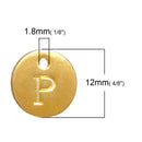 10 Letter P Alphabet Charms Gold Plated Monogram, double sided round disc letter charms, dot charms, 12mm, (1/2") chg0460