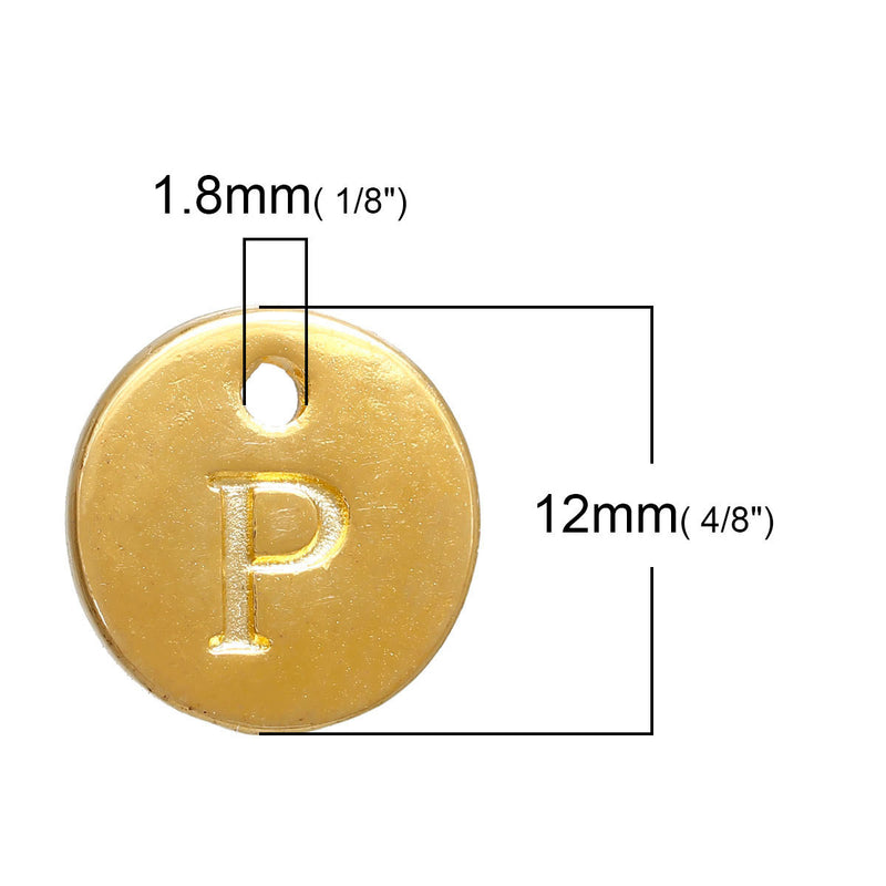 10 Letter P Alphabet Charms Gold Plated Monogram, double sided round disc letter charms, dot charms, 12mm, (1/2") chg0460