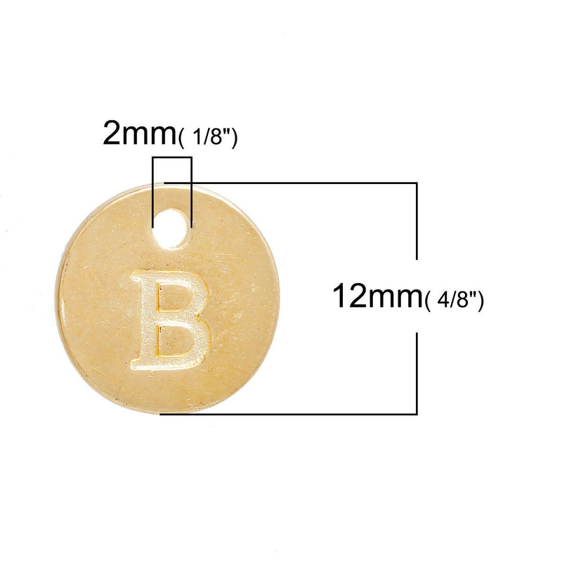 10 Letter B Alphabet Charms Gold Plated Monogram, double sided round disc letter charms, dot charms, 12mm, (1/2") chg0464