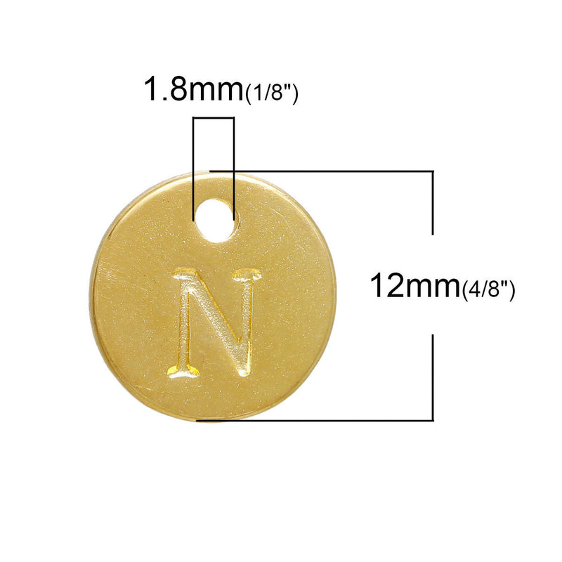 10 Letter N Alphabet Charms Gold Plated Monogram, double sided round disc letter charms, dot charms, 12mm, (1/2") chg0462