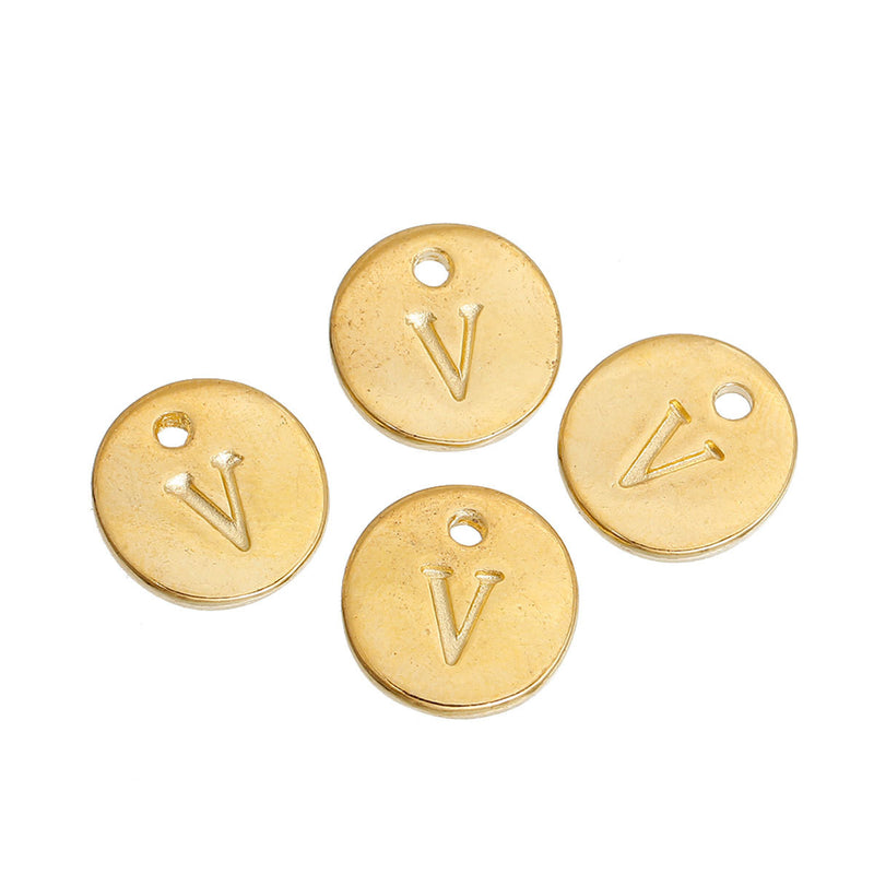 10 Letter V Alphabet Charms Gold Plated Monogram, double sided round disc letter charms, dot charms, 12mm, (1/2") chg0470