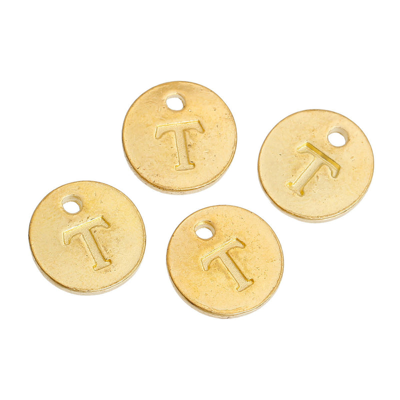 10 Letter T Alphabet Charms Gold Plated Monogram, double sided round disc letter charms, dot charms, 12mm, (1/2") chg0463