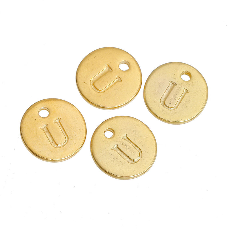 10 Letter U Alphabet Charms Gold Plated Monogram, double sided round disc letter charms, dot charms, 12mm, (1/2") chg0468