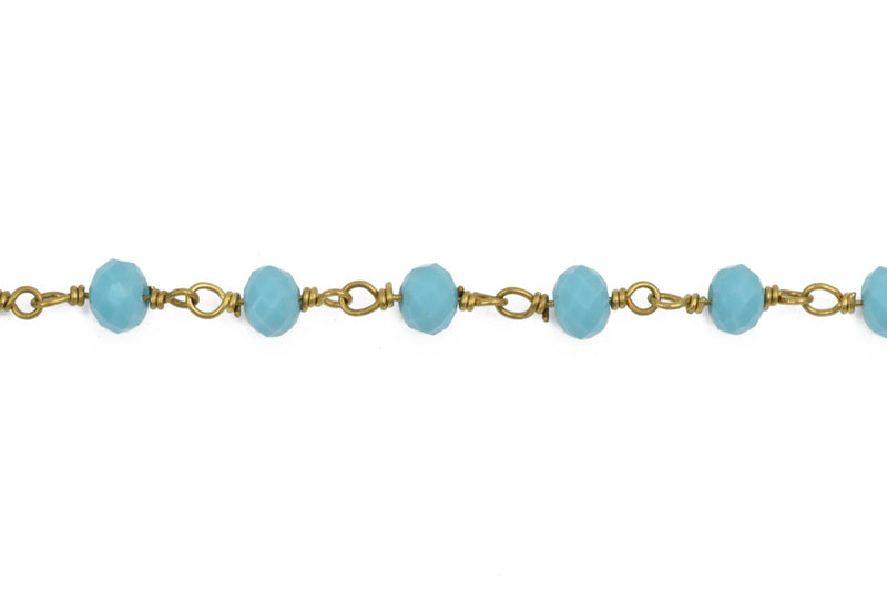 1 yard (3 feet) TURQUOISE BLUE Crystal Rondelle Rosary Bead Chain, gold double wrapped wire, 6mm faceted rondelle glass beads, fch0523a