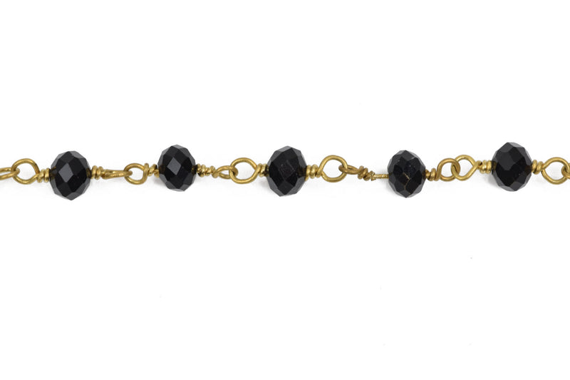 1 yard (3 feet) JET BLACK Crystal Rondelle Rosary Bead Chain, gold double wrapped wire, 6mm faceted rondelle glass beads, fch0526a