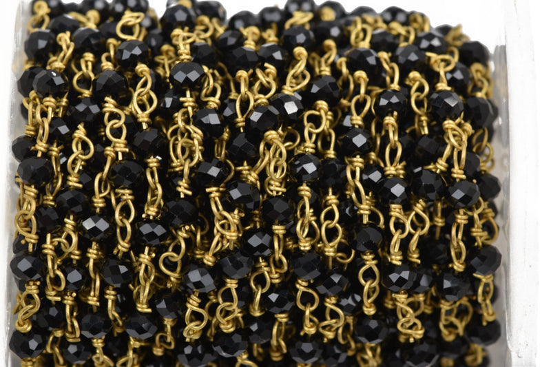 1 yard (3 feet) JET BLACK Crystal Rondelle Rosary Bead Chain, gold double wrapped wire, 4mm faceted rondelle glass beads, fch0527a