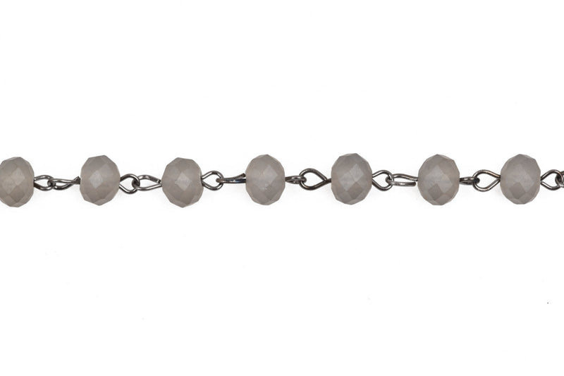 1 yard (3 feet) FROSTED GREY Crystal Rondelle Rosary Chain, gunmetal, 8mm faceted rondelle glass beads, fch0528a