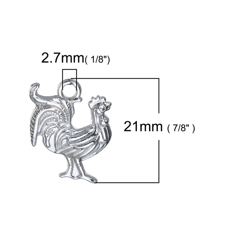 10 Silver ROOSTER Chicken Charm Pendants, 21x19mm, chs2571