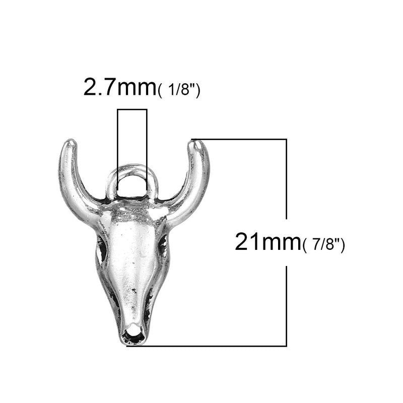 10 LONGHORN BULL Cow Antique Silver Tone Metal Charm Pendants, 21x15mm, chs2574