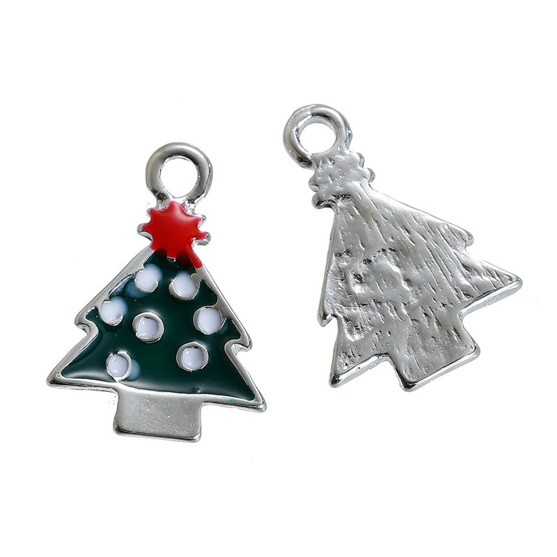 5 CHRISTMAS TREE Charms or Pendants, Silver Plated with enamel, 5/8" che0528