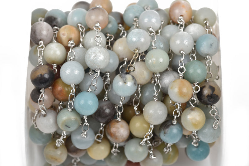13 feet AMAZONITE GEMSTONE Rosary Chain, silver, 8mm round gemstone beads, fch0499b