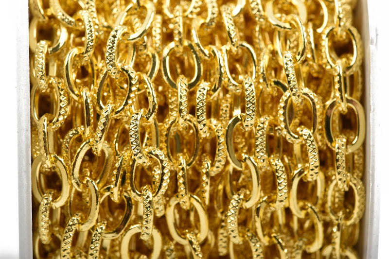 1 yard Bright Gold Plated Cable Chain, Oval Links are 9x6mm unsoldered, half textured design, fch0505
