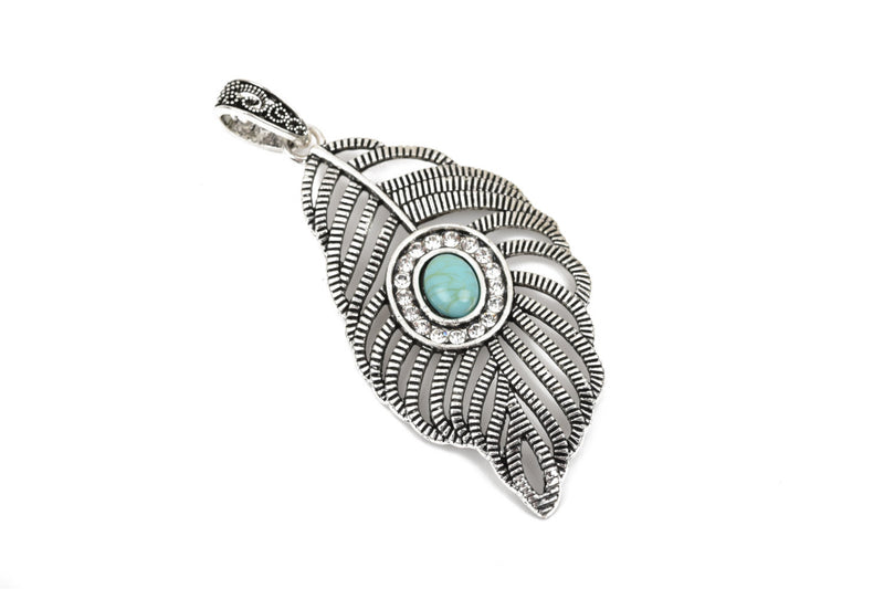 Large Silver FEATHER Pendant, Rhinestones and Faux Turquoise Cabochon, 3" long chs2651