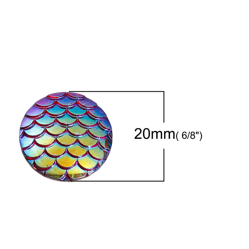 20mm MERMAID FISH Scale Cabochons, Round Resin Metallic, RedAB iridescent, 10 pieces, cab0524